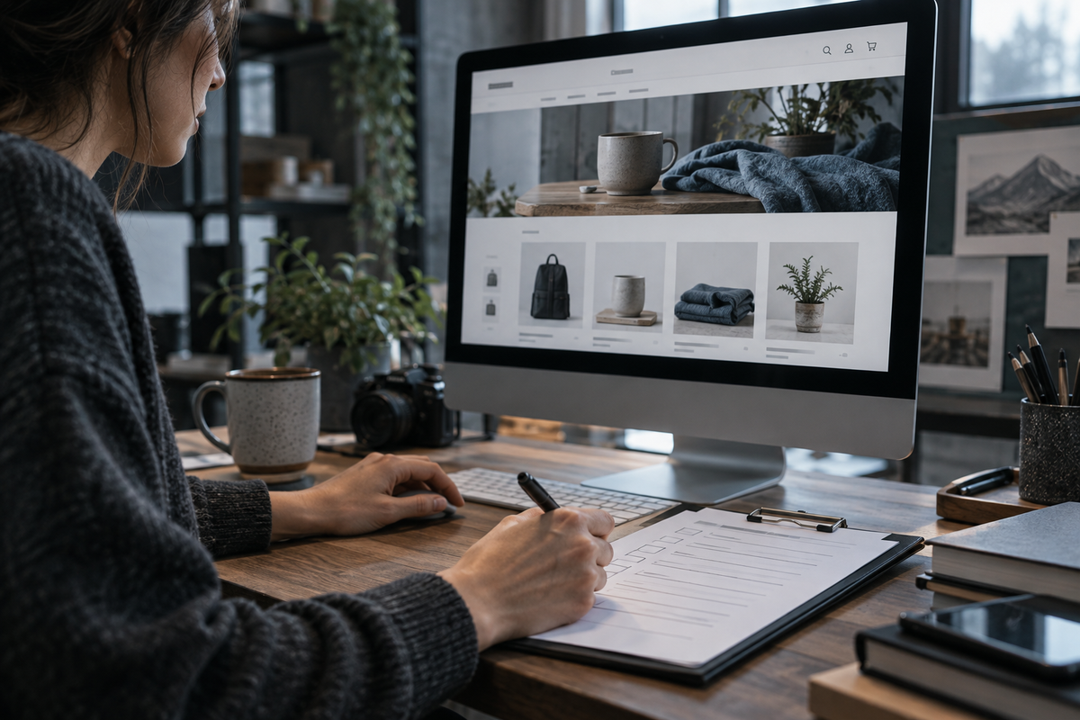 Team reviewing product catalog photography and an online store