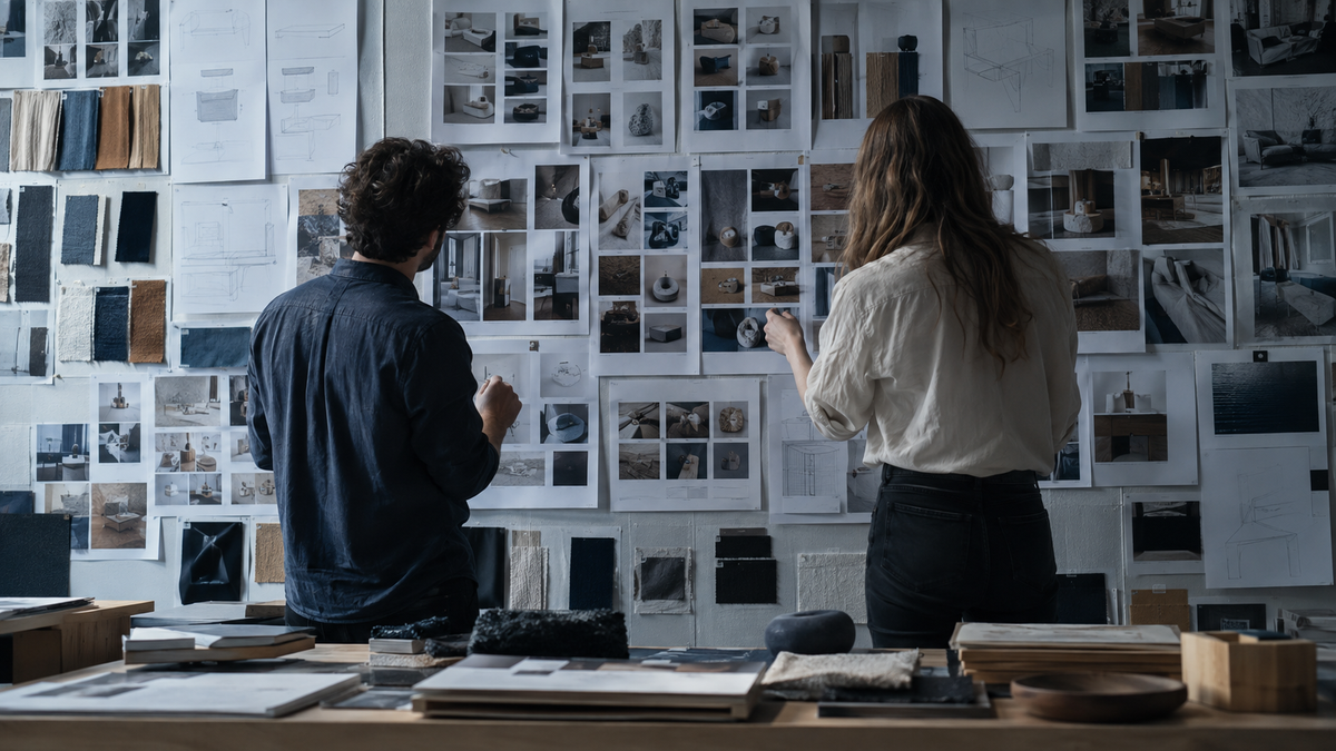 Team reviewing a wall of product imagery and catalog plans