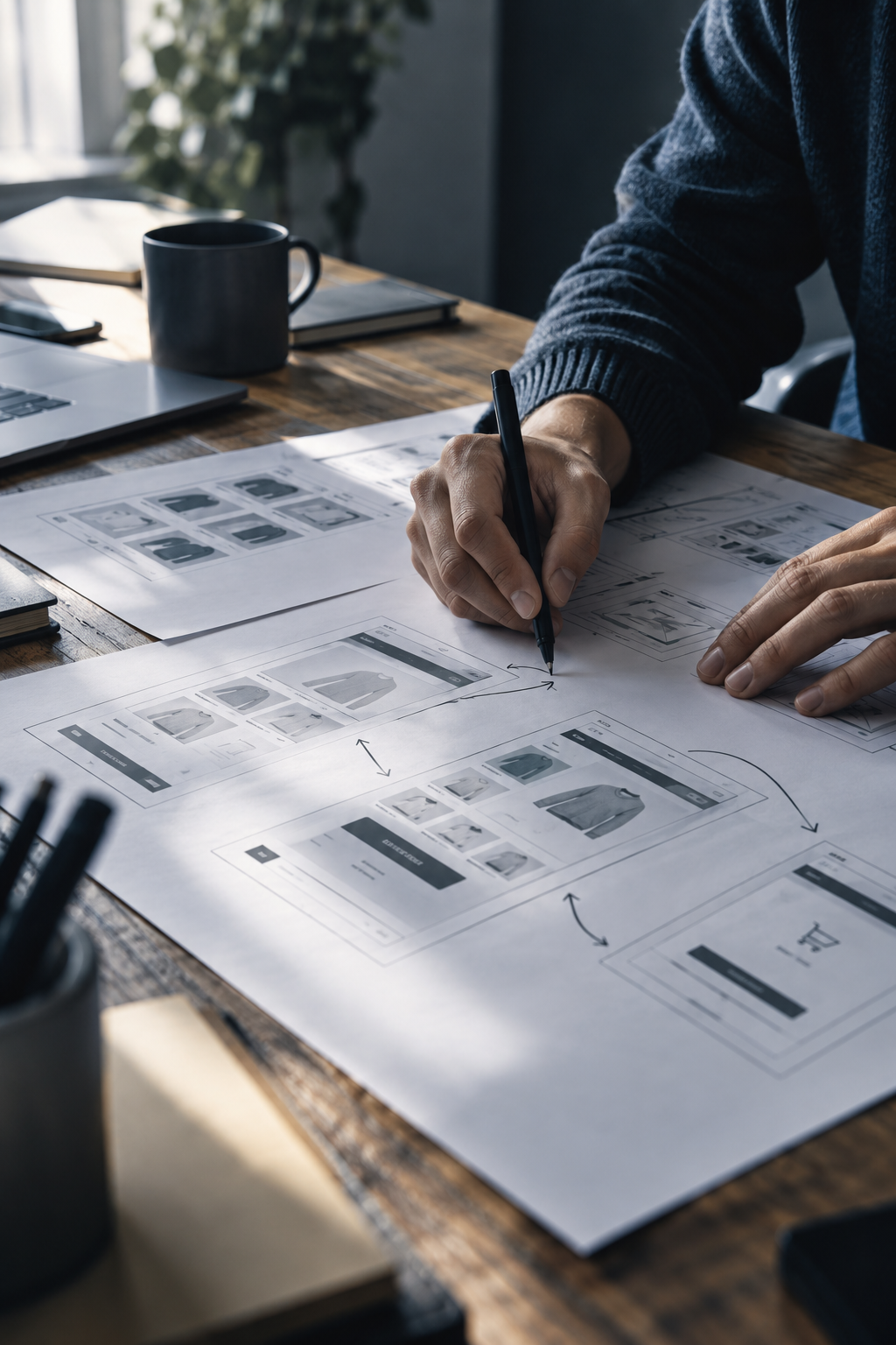 Person marking an online store journey on paper