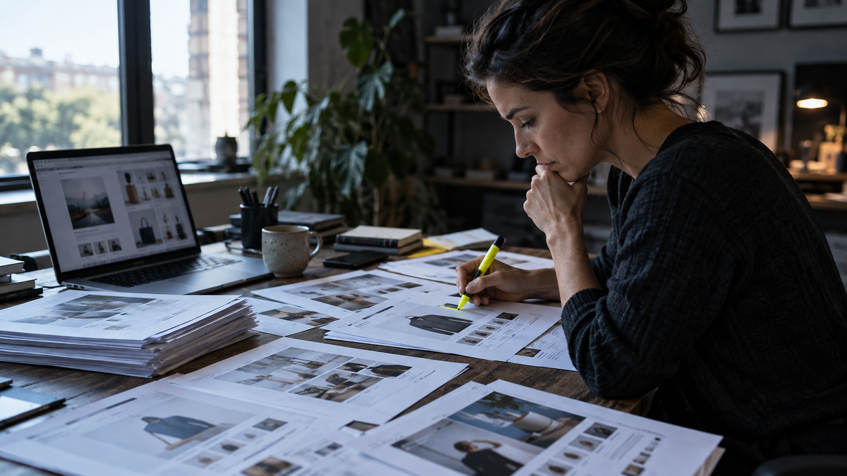Analyst examining store page prints during an audit