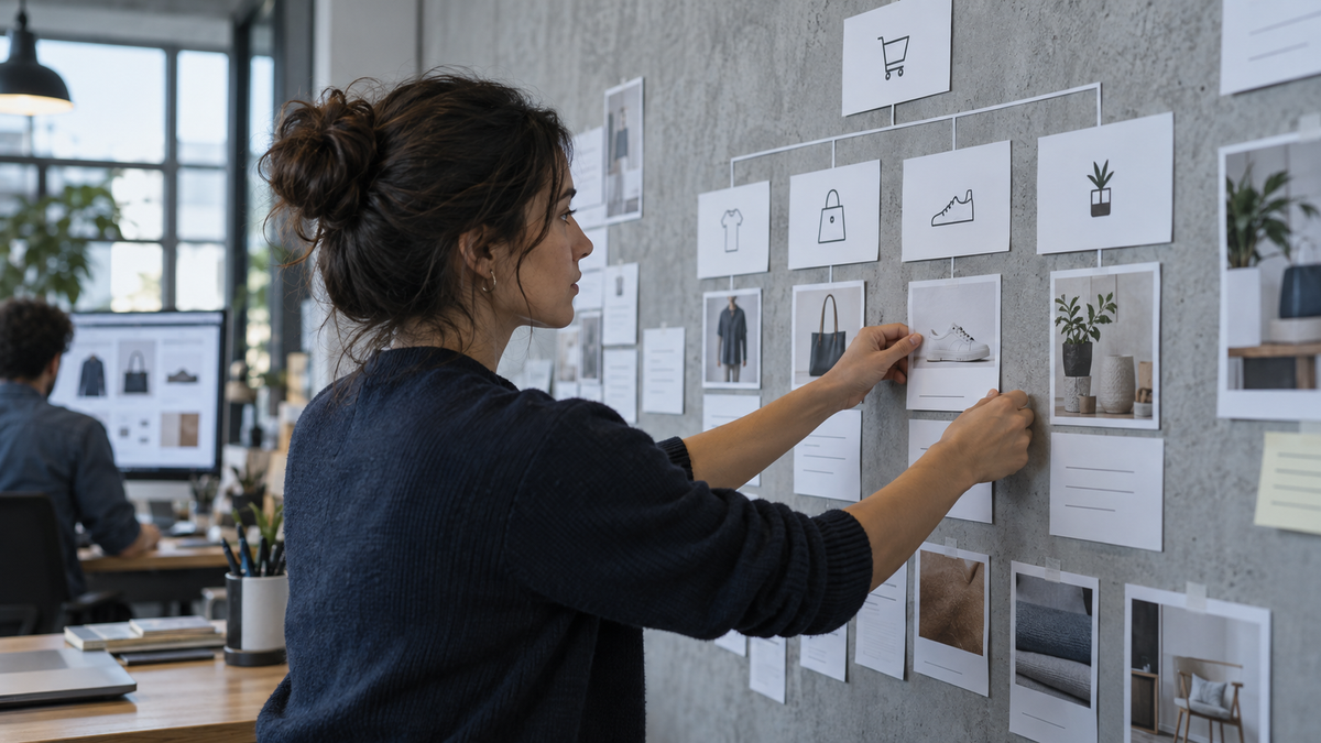 Designer arranging store information architecture on a wall