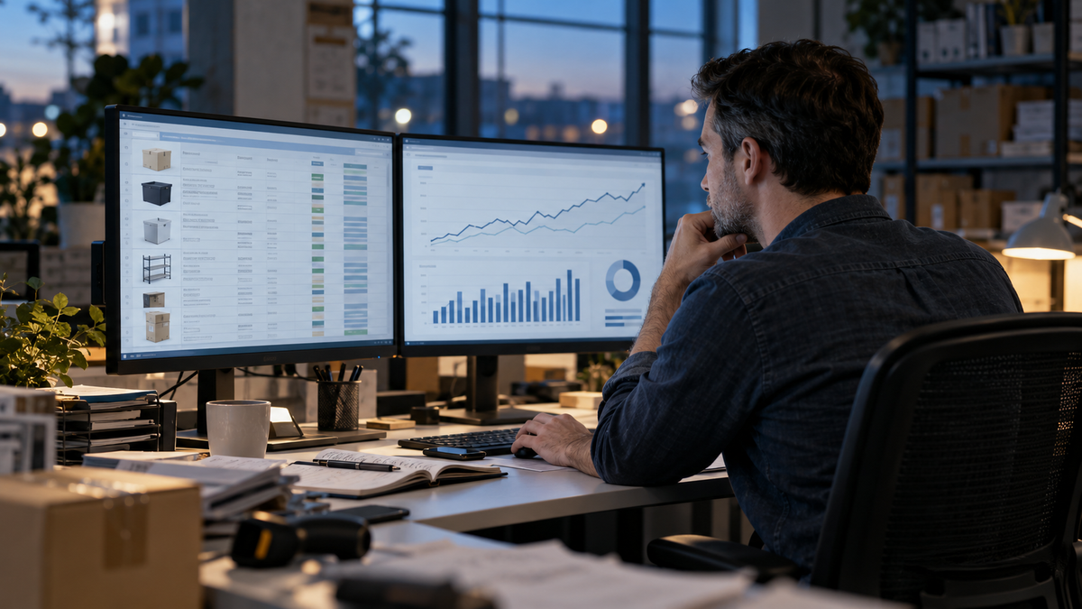 Store operator reviewing reports and product information