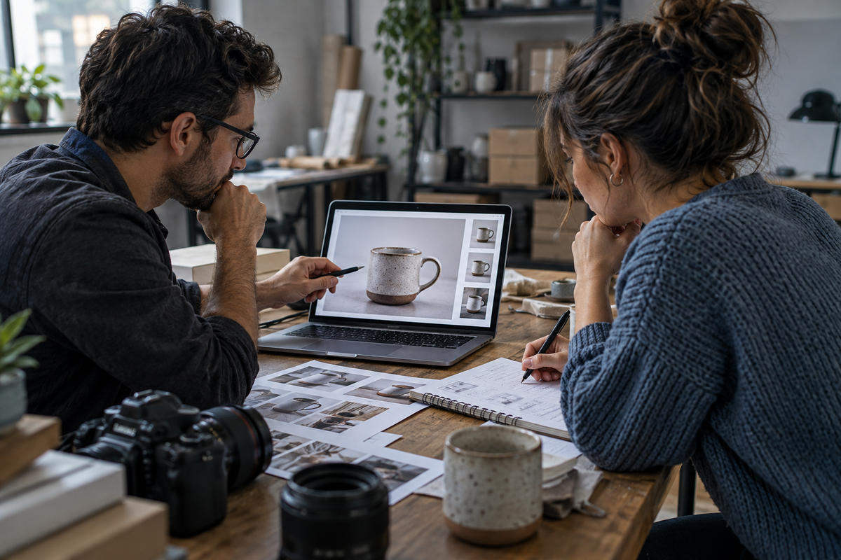 Team reviewing product catalog photography and an online store