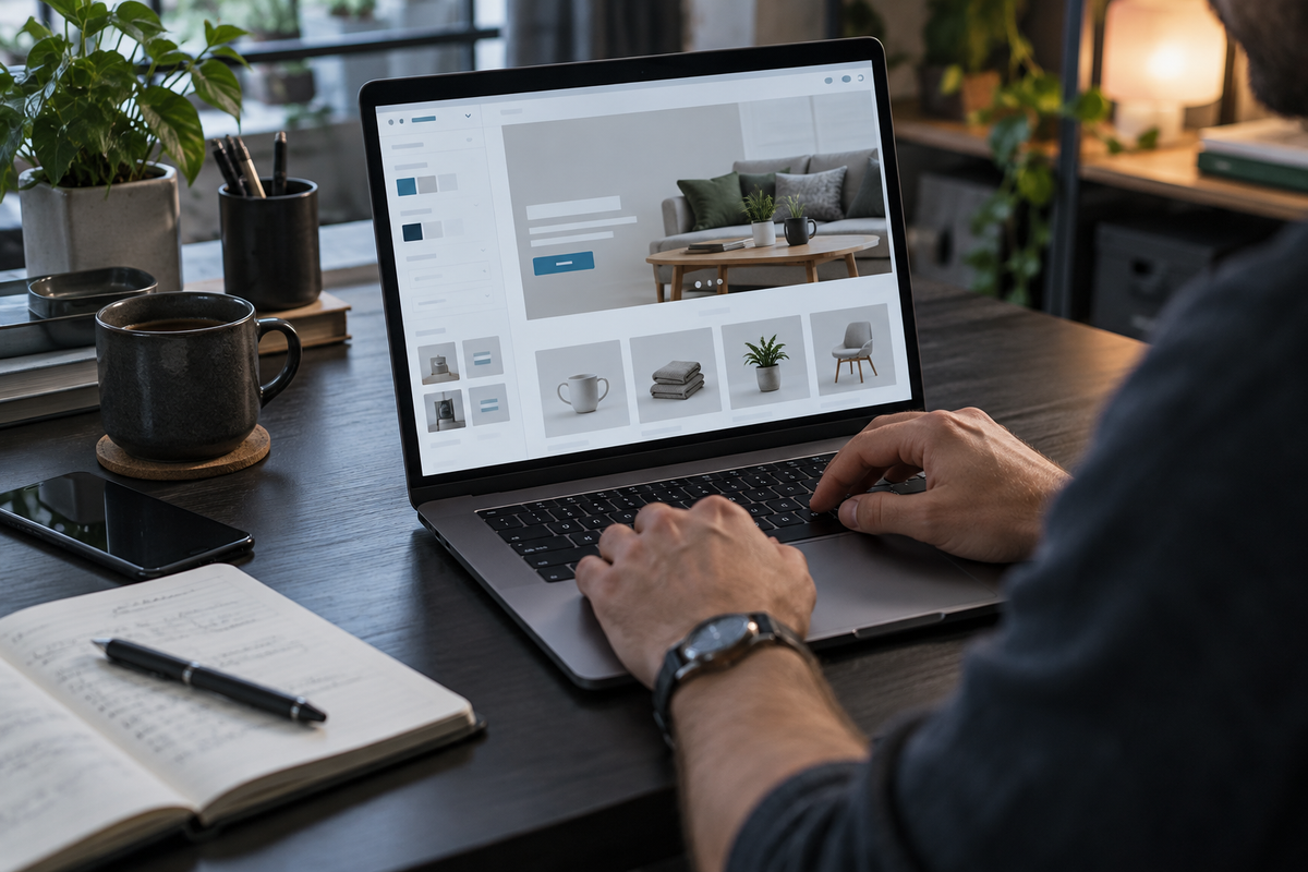 Team reviewing product catalog photography and an online store
