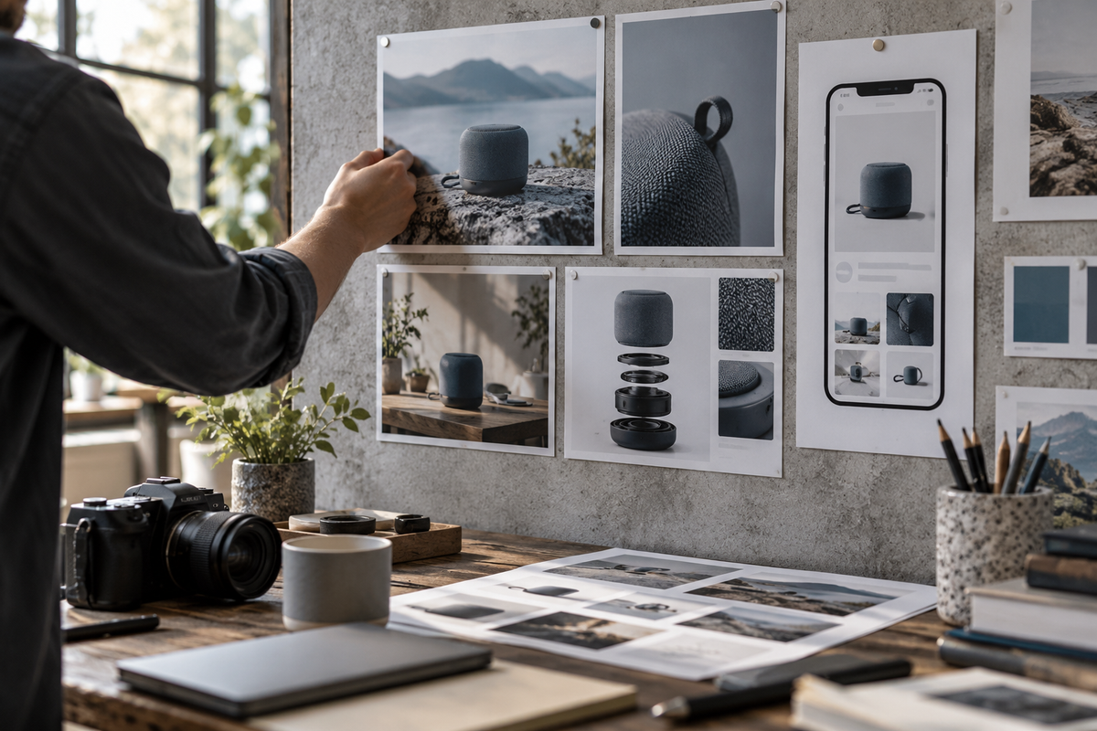 Team reviewing product catalog photography and an online store