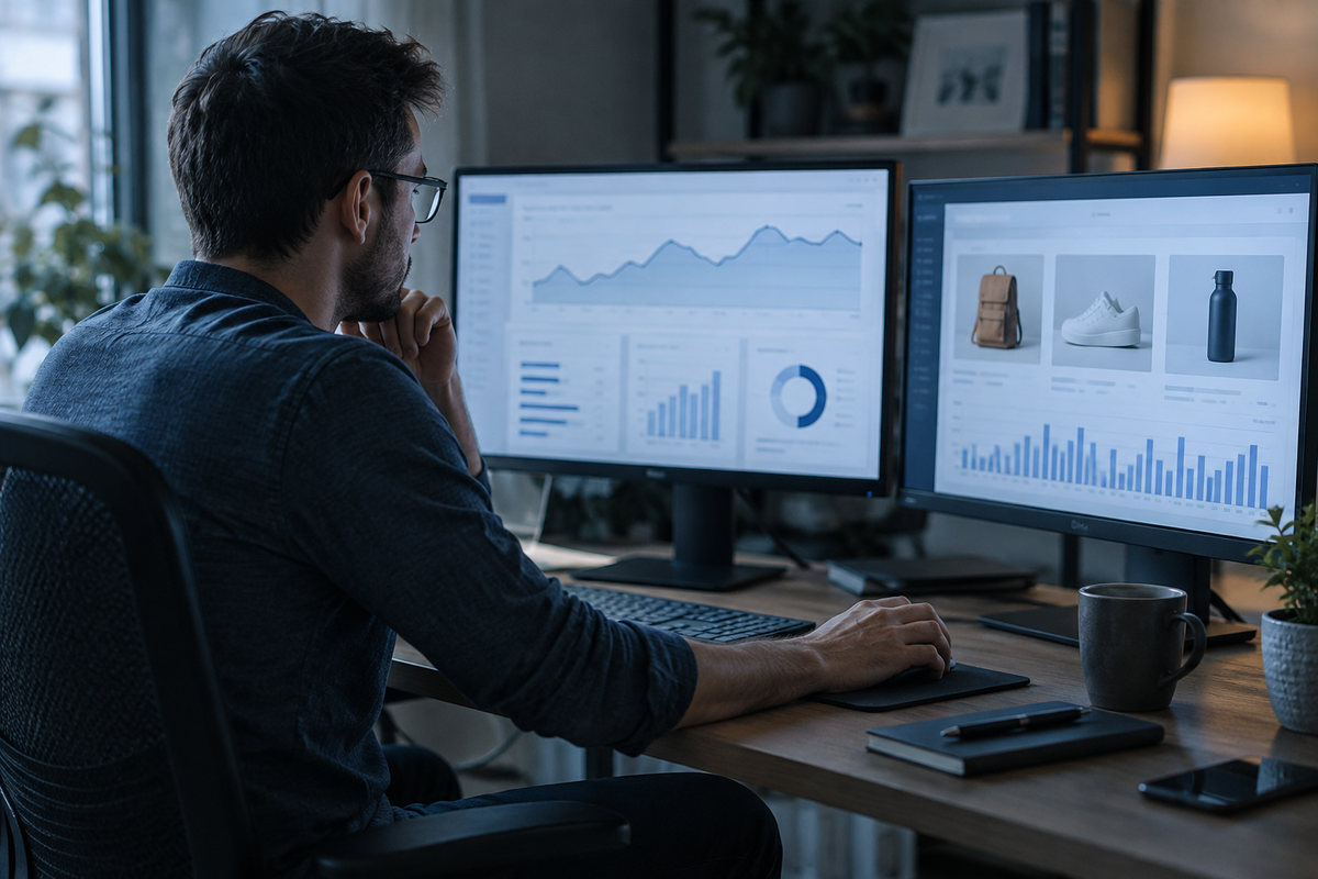 Team reviewing product catalog photography and an online store