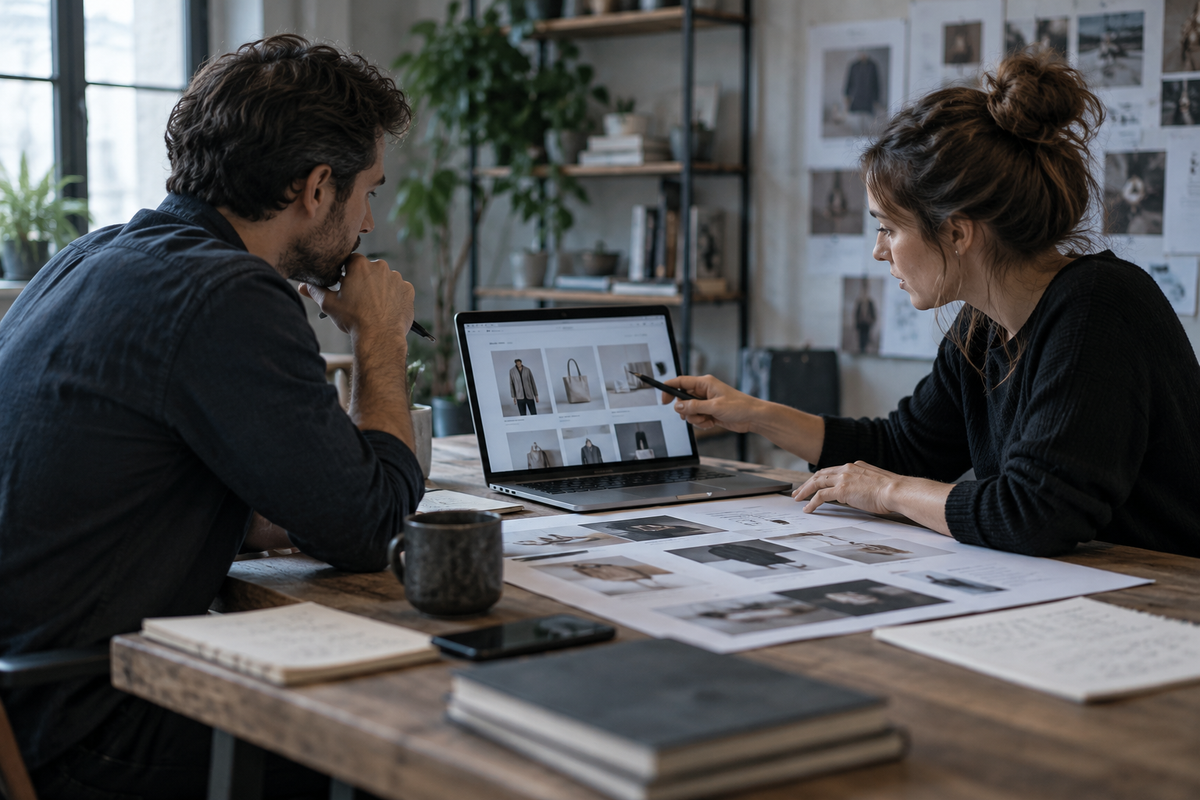Team reviewing product catalog photography and an online store